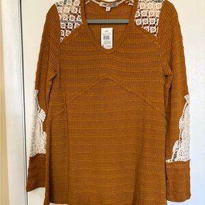 Jolt Mustard Crochet Sweater with Lace Details NWT